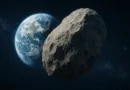 Midcent: Bild av en asteroid som svävar nära jorden i rymden, med en tydlig vy av planetens yta i bakgrunden. Fascinerande exempel på rymdforskning och astronomi. Kategori: Teknik.