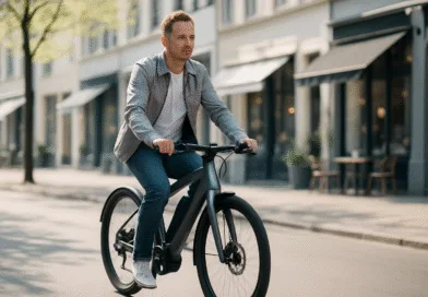 Midcent: En medelålders man cyklar på en modern stadscykel i en urban miljö med kaféer och butiker i bakgrunden. Perfekt för hållbar transport och aktiv livsstil. Kategori: Hälsa.