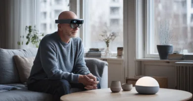 En medelålders man i modern miljö med smarta glasögon och stilfull inredning. Bilden förmedlar innovation och framtidstänk i