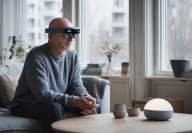 En medelålders man i modern miljö med smarta glasögon och stilfull inredning. Bilden förmedlar innovation och framtidstänk i