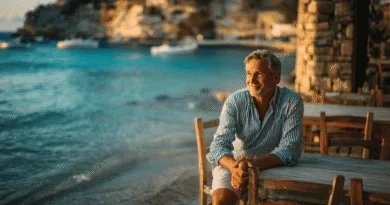 Midcent presenterar en medelålders man som njuter av en solig dag vid havet, sittande vid ett bord på en kustrestaurang. Den lugna atmosfären och vackra utsikten förmedlar avkoppling och frid. Resa.