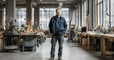 En medelålders man står i en verkstad, omgiven av arbetsbänkar och verktyg, med fokus på hantverk och industriell design. Ljuset strömmar in genom stora fönster och skapar en inspirerande arbetsmiljö. Midcent. Kategori: Teknik.