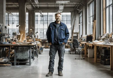 En medelålders man står i en verkstad, omgiven av arbetsbänkar och verktyg, med fokus på hantverk och industriell design. Ljuset strömmar in genom stora fönster och skapar en inspirerande arbetsmiljö. Midcent. Kategori: Teknik.