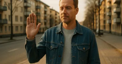 En medelålders man står på en tom trottoar i stadsbild, klädd i jeansjacka, med handen uppsträckt som en hälsning. Gatan är kantad med byggnader i bakgrunden.Midcent, Samhälle.