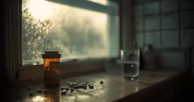 Midcent: En flaska med medicin och spridda piller på en fönsterkarm, tillsammans med ett glas vatten, belyst av dämpat morgonljus. Bilden påminner om vård- och hälsorutiner i hemmet. Kategori: Hälsa.