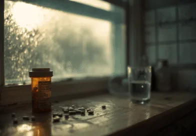 Midcent: En flaska med medicin och spridda piller på en fönsterkarm, tillsammans med ett glas vatten, belyst av dämpat morgonljus. Bilden påminner om vård- och hälsorutiner i hemmet. Kategori: Hälsa.