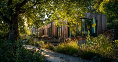 Midcent – En svensk villa i naturskön miljö med träfasad och flagga. Perfekt för avkoppling och att njuta av naturen. Design och hållbarhet i fokus. Kategori: Resa.