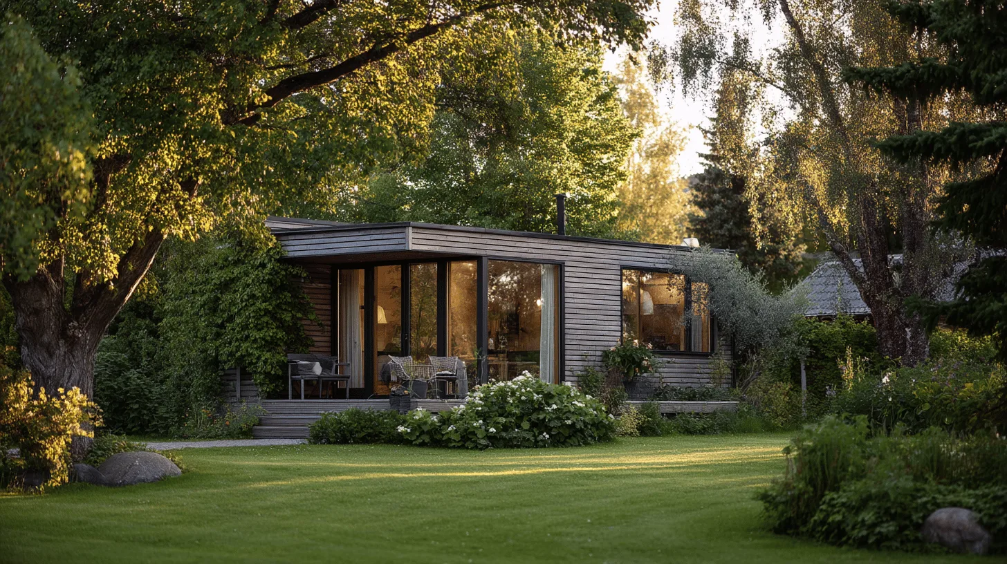 Midcent: En modern stuga i skogsmiljö omgiven av frodig grönska och kvällssol. Perfekt för avkoppling och naturlig livsstil. Lugnt paradis med harmoni mellan arkitektur och natur. Hemmets öppna design fångar naturens skönhet. Kategori: Resa