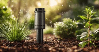 Midcent: En avancerad sprinkler installerad i en frodig trädgård ger optimal bevattning för växter och grönska. Perfekt lösning för att hålla trädgården frisk och välmående året runt.Kategori: Teknik.