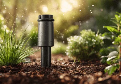 Midcent: En avancerad sprinkler installerad i en frodig trädgård ger optimal bevattning för växter och grönska. Perfekt lösning för att hålla trädgården frisk och välmående året runt.Kategori: Teknik.