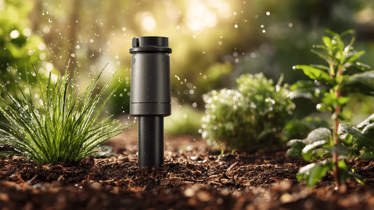 Midcent: En avancerad sprinkler installerad i en frodig trädgård ger optimal bevattning för växter och grönska. Perfekt lösning för att hålla trädgården frisk och välmående året runt.Kategori: Teknik.