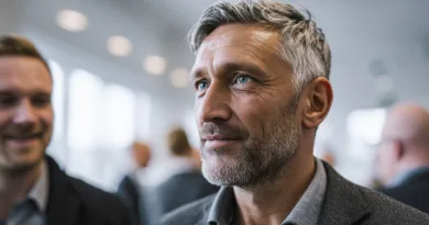 Midcent presenterar en medelålders man med grått hår och blå ögon i en social miljö. Hans uttryck utstrålar förtroende och intresse. Perfekt för att illustrera professionella relationer och nätverkande.Kategori: Samhälle.