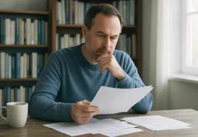 En medelålders man granskar dokument vid ett skrivbord med en kaffekopp i närheten, belyst av naturligt ljus från ett fönster. Bakom honom finns bokhyllor fyllda med böcker. Midcent - Ekonomi.