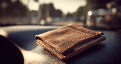 Midcent: En brun läderplånbok ligger på bilens instrumentbräda, fylld med kort och papper. Solens strålar reflekteras mot det släta lädret, vilket ger en känsla av stil och kvalitet. Kategori: Ekonomi.