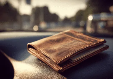 Midcent: En brun läderplånbok ligger på bilens instrumentbräda, fylld med kort och papper. Solens strålar reflekteras mot det släta lädret, vilket ger en känsla av stil och kvalitet. Kategori: Ekonomi.