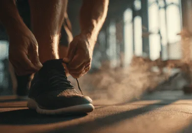 Midcent: En medelålders man knyter skosnören på ett gymgolv i morgonljuset, symboliserar början på ett energigivande träningspass. Hälsa.