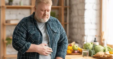 Midcent: En medelålders man med magont står i köket, omgiven av hälsosam mat som frukt och grönsaker. Han ser bekymrad ut och håller sig för magen. Bilden representerar hälsa och välbefinnande. Kategori: Hälsa.