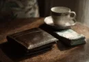 Midcent Ekonomi: En stilren plånbok av läder ligger bredvid en hög av sedlar och en elegant kaffekopp på ett träbord, vilket signalerar en klassisk och ekonomisk livsstil.