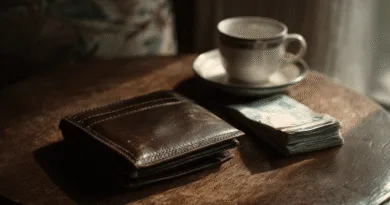 Midcent Ekonomi: En stilren plånbok av läder ligger bredvid en hög av sedlar och en elegant kaffekopp på ett träbord, vilket signalerar en klassisk och ekonomisk livsstil.