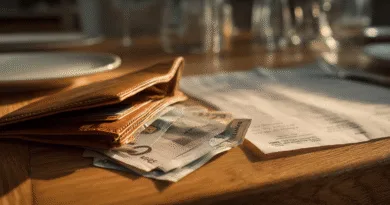 Midcent: En plånbok fylld med sedlar ligger på ett bord bredvid en restaurangnota. Solens strålar lyser upp scenen och betonar en avslutad måltid. Kategorin är Ekonomi.