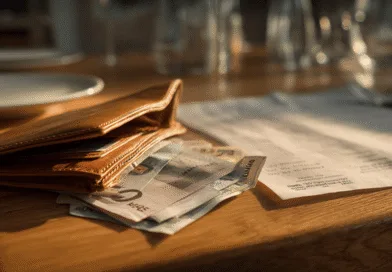 Midcent: En plånbok fylld med sedlar ligger på ett bord bredvid en restaurangnota. Solens strålar lyser upp scenen och betonar en avslutad måltid. Kategorin är Ekonomi.