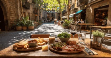 Midcent: En pittoresk europeisk gata med tapas och vin på utomhusbord. Solsken och grönska skapar en inbjudande atmosfär i denna charmiga restaurangmiljö. Perfekt för en kulinarisk upplevelse och avkoppling.Kategori: Mat.