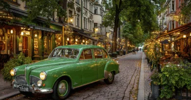 Midcent: En grön veteranbil pryder en charmig kullerstensgata i en pittoresk europeisk stad omgiven av mysiga kaféer och restauranger. Belysta uteserveringar skapar en inbjudande atmosfär i skymningen. Kategori: Resa.