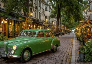 Midcent: En grön veteranbil pryder en charmig kullerstensgata i en pittoresk europeisk stad omgiven av mysiga kaféer och restauranger. Belysta uteserveringar skapar en inbjudande atmosfär i skymningen. Kategori: Resa.