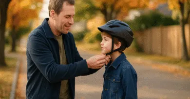 En medelålders man sitter på en väg och justerar en cykelhjälm med höstlöv omkring sig. Fokus på säkerhet och förberedelse. Midcent. Sport.