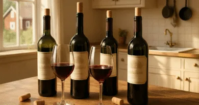 Midcent: En bild på vinflaskor med röda glas, perfekt för gourmeter och vinälskare. Skapar en inbjudande atmosfär med en lantlig bakgrund i köket. Utforska vinets värld och njut av kvalitetsdrycker. Kategori: Mat.