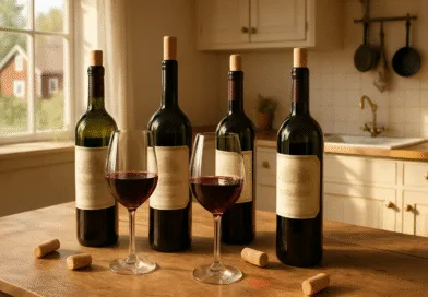 Midcent: En bild på vinflaskor med röda glas, perfekt för gourmeter och vinälskare. Skapar en inbjudande atmosfär med en lantlig bakgrund i köket. Utforska vinets värld och njut av kvalitetsdrycker. Kategori: Mat.