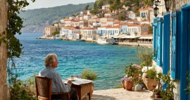 Midcent: En medelålders man njuter av en kaffe vid havet med utsikt över pittoreska, färgglada hus på en grekisk ö. Perfekt kopplad till solig semester och avkoppling vid vattnet. Kategori: Resa.