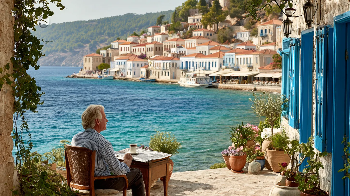 Midcent: En medelålders man njuter av en kaffe vid havet med utsikt över pittoreska, färgglada hus på en grekisk ö. Perfekt kopplad till solig semester och avkoppling vid vattnet. Kategori: Resa.