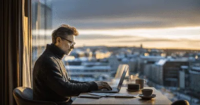 Midcent: En medelålders man arbetar fokuserat vid en laptop i en modern miljö, med stadens silhuett i bakgrunden och ett varmt solljus. Perfekt för arbete eller kreativitet. Kategori: Samhälle.