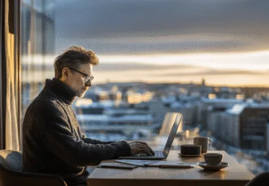 Midcent: En medelålders man arbetar fokuserat vid en laptop i en modern miljö, med stadens silhuett i bakgrunden och ett varmt solljus. Perfekt för arbete eller kreativitet. Kategori: Samhälle.