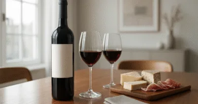 Midcent: En elegant dukning med rödvin, glasskålar och delikatesser på ett träbord, perfekt för gastronomiska upplevelser. Kategorin: Mat.