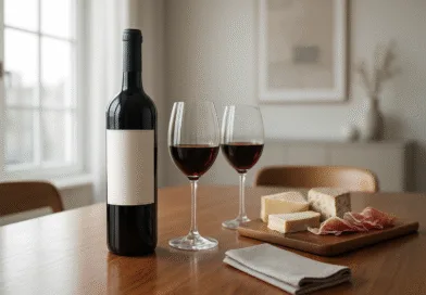 Midcent: En elegant dukning med rödvin, glasskålar och delikatesser på ett träbord, perfekt för gastronomiska upplevelser. Kategorin: Mat.