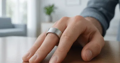 Midcent: En närbild av en hand med en modern metallring på ett träbord i ett ljust rum. Design och enkelhet framhävs, vilket uttrycker stil och funktionalitet. Perfekt för de som uppskattar minimalistisk elegans. Kategori: Teknik.