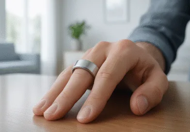 Midcent: En närbild av en hand med en modern metallring på ett träbord i ett ljust rum. Design och enkelhet framhävs, vilket uttrycker stil och funktionalitet. Perfekt för de som uppskattar minimalistisk elegans. Kategori: Teknik.