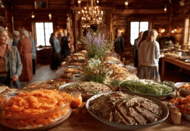 Midcent Mat: En inbjudande buffé i en rustik miljö med färska sallader och saftig lax. Människor socialiserar runt det dukade, traditionella bordet omgivet av varm belysning och träinredning. Perfekt för sociala sammankomster och kulinariska