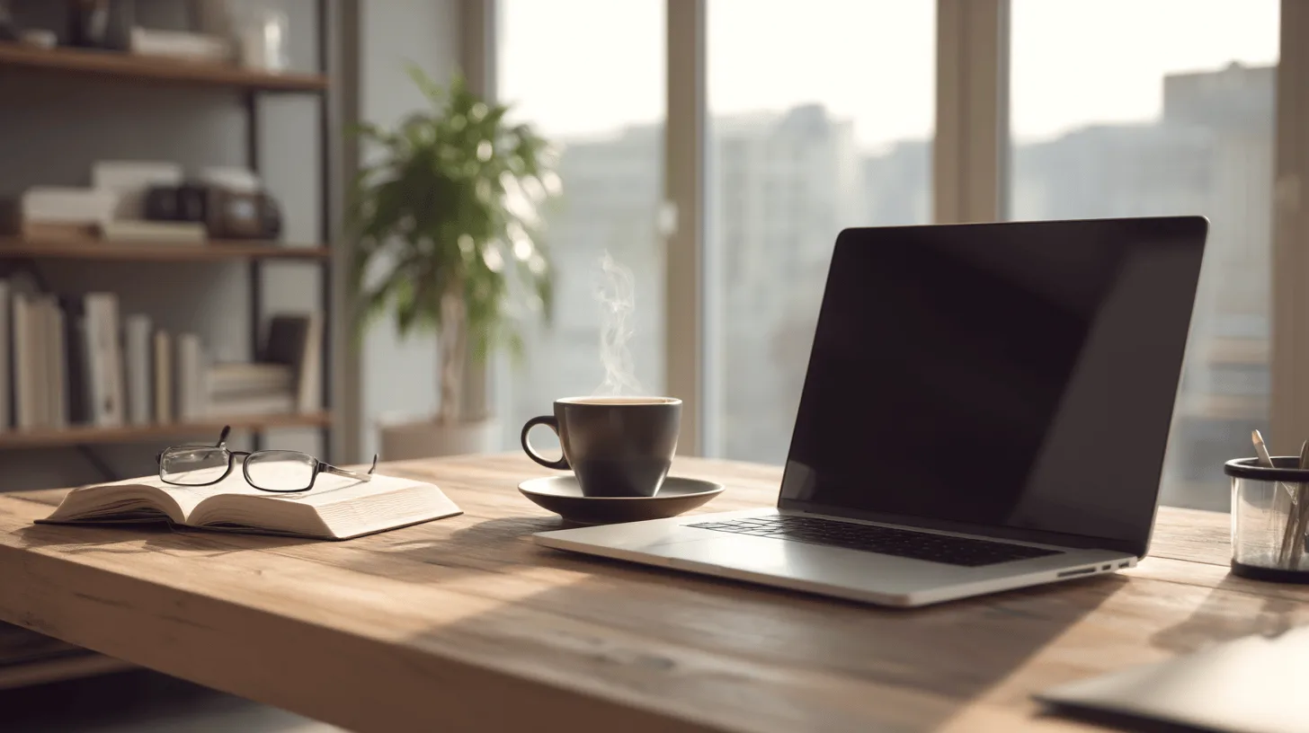 Midcent skildrar en inspirerande arbetsmiljö med fokus på produktivitet. Ett modernt träbord med en bärbar dator och en rykande kaffekopp skapar en harmonisk balans. Perfekt för frilansare och kreativa proffs. Teknik.