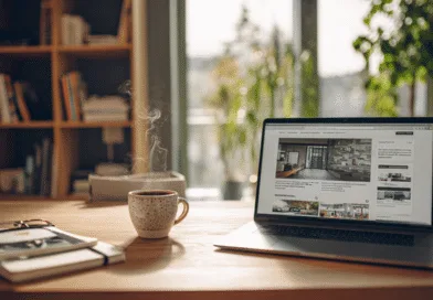 Midcent: Ett hemtrevligt kontor med laptop, kaffekopp och anteckningar, perfekt för produktivt arbete. Inramad av böcker och dagsljus skapar det en harmonisk miljö för hem- eller distansarbete.Kategori: Teknik.