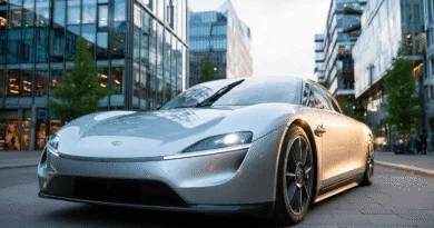 Midcent presenterar en futuristisk elbil framför moderna kontorsbyggnader, med slank design och avancerad teknik. Perfekt för urbana miljöer och miljömedvetna bilister. Teknik.