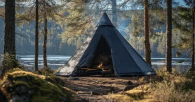 Midcent: Ett tält beläget i en naturskön skogsmiljö vid en sjö, inramad av majestätiska träd och lugnande vatten. Perfekt för utomhusäventyr och naturupplevelser. Elden sprider värme och skapar en mysig atmosfär.