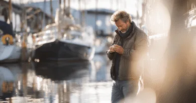 Midcent: En medelålders man står vid en brygga, omgiven av båtar i en solig hamn. Han verkar fokuserad och avslappnad i en sjönära miljö. Perfekt exempel på nautiskt livsstil. Kategori: Resa.