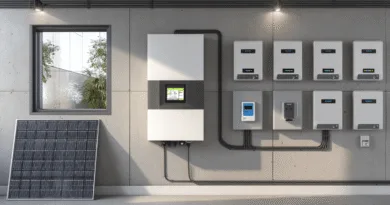 Midcent presenterar en modern solcellslösning med integrerad batterilagring och inverter för energieffektivitet. Bilden visar en tekniskt avancerad installation med fokus på hållbar energihantering. Perfekt för innovativa hem och företag.Kategori: Teknik.