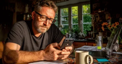 En medelålders man sitter koncentrerat vid ett köksbord med en smartphone och laptop, omgiven av papper och kaffe. Morgonljuset strömmar in genom fönstret. Midcent - Ekonomi.