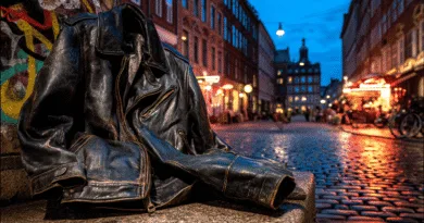 Midcent: En väderbiten skinnjacka ligger på en stenbänk, omgiven av stadens livfulla kvällsglödlampa och kullerstensgator. Den urbana miljön skapar en stämning av mystik och äventyr. Resa.