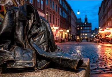 Midcent: En väderbiten skinnjacka ligger på en stenbänk, omgiven av stadens livfulla kvällsglödlampa och kullerstensgator. Den urbana miljön skapar en stämning av mystik och äventyr. Resa.