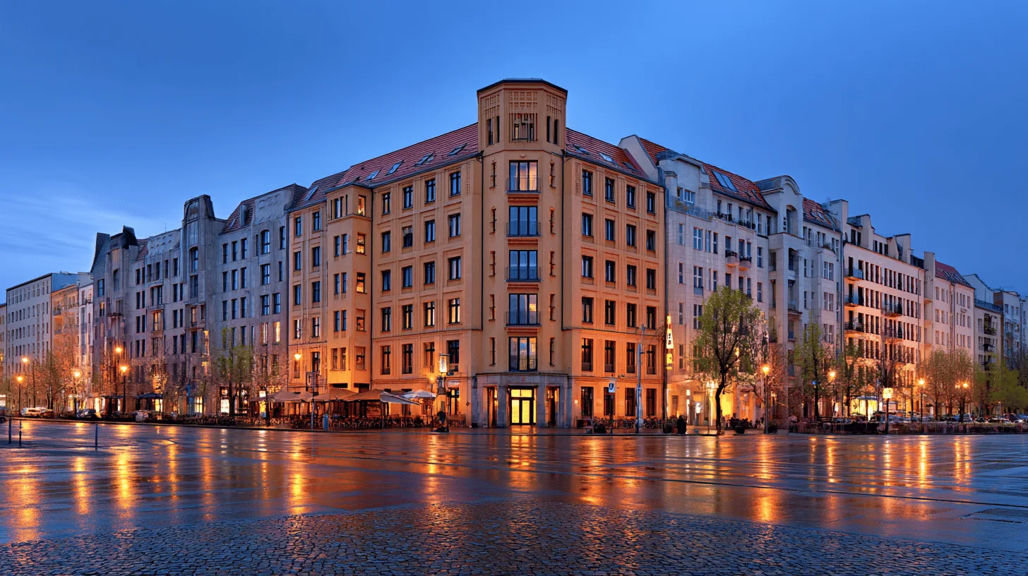 Midcent: En stadsbild i skymning där ljusen reflekteras på den blöta gatan, omgivna av klassisk europeisk arkitektur som skapar en stämningsfull atmosfär. Perfekt för resenärer som söker urban charm och nattliv. Kategori: Resa.